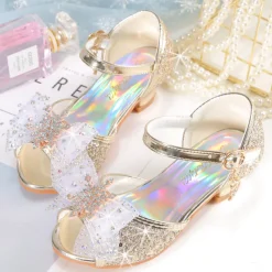 Girls' Pink Glitter Party Shoes – Peep-Toe Design, Bow and Rhinestone Decoration, Adjustable Strap, Perfect for Weddings and Special Occasions