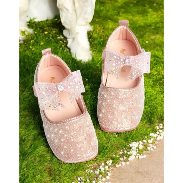 Girls' Pink Pearl-Embellished Ballet Flats with Bow Detail, Soft Comfortable Fit, Ideal for Weddings, Parties, and Special Occasions