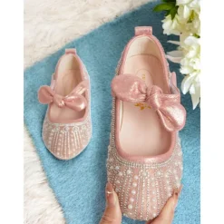 Girls' Pink Pearl-Embellished Ballet Flats with Bow Detail, Soft Comfortable Fit, Ideal for Weddings, Parties, and Special Occasions