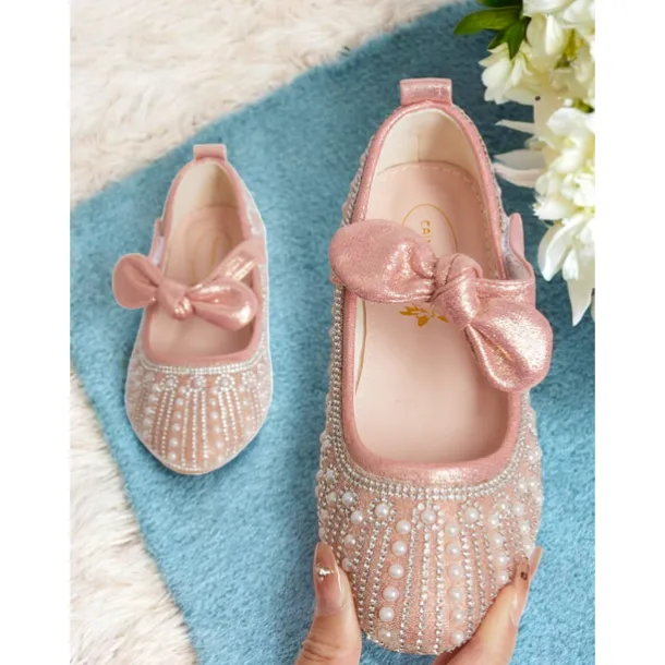 Girls' Pink Pearl-Embellished Ballet Flats with Bow Detail, Soft Comfortable Fit, Ideal for Weddings, Parties, and Special Occasions