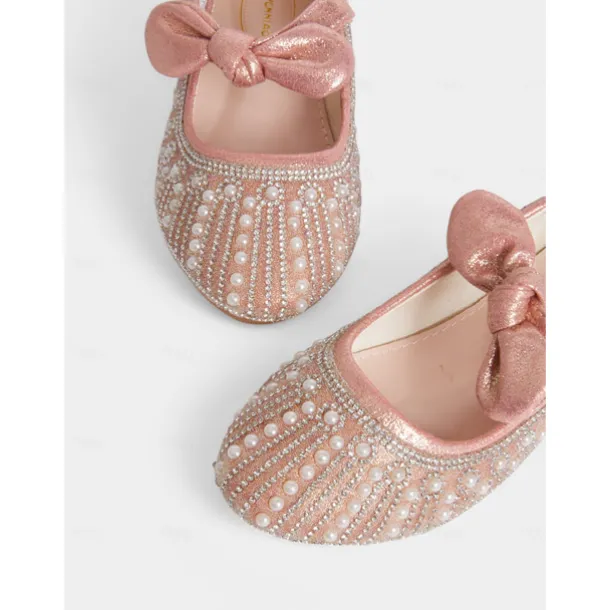 Girls' Pink Pearl-Embellished Ballet Flats with Bow Detail, Soft Comfortable Fit, Ideal for Weddings, Parties, and Special Occasions