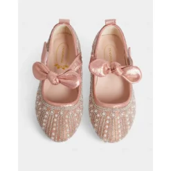 Girls' Pink Pearl-Embellished Ballet Flats with Bow Detail, Soft Comfortable Fit, Ideal for Weddings, Parties, and Special Occasions