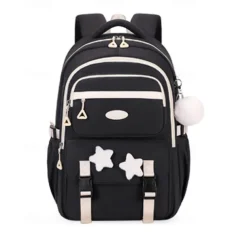 Girls' Red and White School Backpack – Cute Large Capacity Bookbag with Star Patches and Pom-Pom Charm for Teens