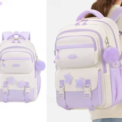 Girls' Red and White School Backpack – Cute Large Capacity Bookbag with Star Patches and Pom-Pom Charm for Teens