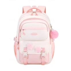 Girls' Red and White School Backpack – Cute Large Capacity Bookbag with Star Patches and Pom-Pom Charm for Teens
