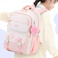 Girls' Red and White School Backpack – Cute Large Capacity Bookbag with Star Patches and Pom-Pom Charm for Teens