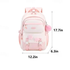 Girls' Red and White School Backpack – Cute Large Capacity Bookbag with Star Patches and Pom-Pom Charm for Teens