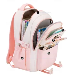 Girls' Red and White School Backpack – Cute Large Capacity Bookbag with Star Patches and Pom-Pom Charm for Teens