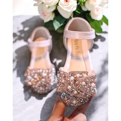 Girls' Rhinestone Bow Mary Jane Shoes – Sparkly Pearl Embellished Flower Girl Flats for Weddings & Special Occasions