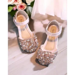 Girls' Rhinestone Bow Mary Jane Shoes – Sparkly Pearl Embellished Flower Girl Flats for Weddings & Special Occasions