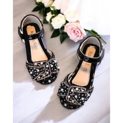 Girls' Rhinestone Bow Mary Jane Shoes – Sparkly Pearl Embellished Flower Girl Flats for Weddings & Special Occasions