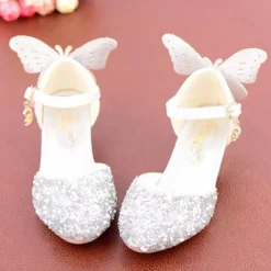 Girls' Sparkling Butterfly-Embellished Ballet Flats – Glittery Silver Sandals with Adjustable Strap for Weddings, Parties, and Special Occasions