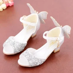Girls' Sparkly Butterfly Princess Shoes – Glittery Open-Toe Dress Shoes with Low Heels for Weddings or Parties