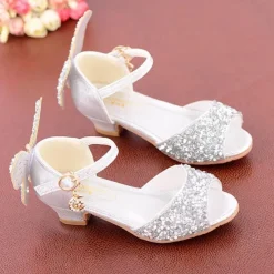 Girls' Sparkly Butterfly Princess Shoes – Glittery Open-Toe Dress Shoes with Low Heels for Weddings or Parties