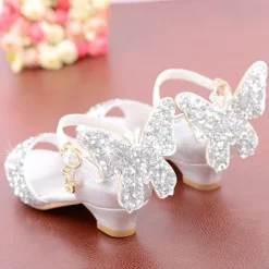 Girls' Sparkly Butterfly Princess Shoes – Glittery Open-Toe Dress Shoes with Low Heels for Weddings or Parties