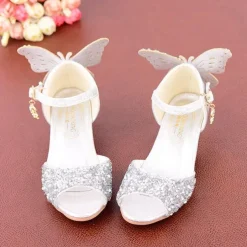Girls' Sparkly Butterfly Princess Shoes – Glittery Open-Toe Dress Shoes with Low Heels for Weddings or Parties
