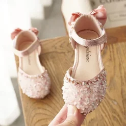 Girls' Sparkly Crystal Flower Girl Shoes with Satin Bow and Hook-and-Loop Strap – Elegant Princess Flats for Weddings, Pageants, and Birthday Parties