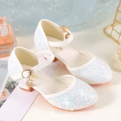 Girls' Sparkly Glitter Dress Shoes – White Mary Jane Heels with Moon Charm Strap for Weddings, Parties, and Formal Events