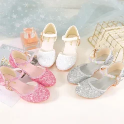 Girls' Sparkly Glitter Dress Shoes – White Mary Jane Heels with Moon Charm Strap for Weddings, Parties, and Formal Events