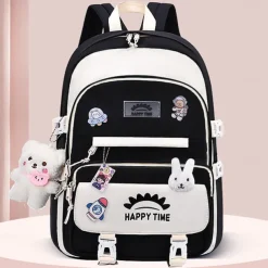 Girls' Waterproof School Backpack with Cute Bear Pendant and Cartoon Patches – Lightweight Bookbag for Elementary or Middle School Students