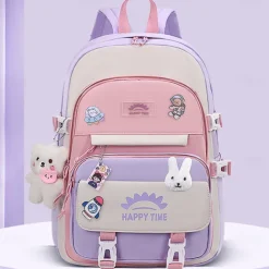 Girls' Waterproof School Backpack with Cute Bear Pendant and Cartoon Patches – Lightweight Bookbag for Elementary or Middle School Students