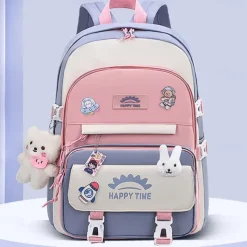 Girls' Waterproof School Backpack with Cute Bear Pendant and Cartoon Patches – Lightweight Bookbag for Elementary or Middle School Students
