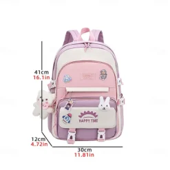 Girls' Waterproof School Backpack with Cute Bear Pendant and Cartoon Patches – Lightweight Bookbag for Elementary or Middle School Students