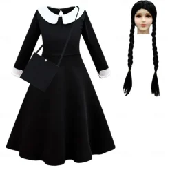 Girls' Wednesday Addams Outfit Black Dress Bag Wig For Kid's Teen Addams Family Wednesday Dress World Book Day Cosplay Costume Little Black Dress 110cm-160cm
