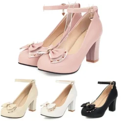 Girls' White Block Heel Dress Shoes – Round Toe Pumps with Bow & Ankle Strap for Wedding, Party & Formal Occasions