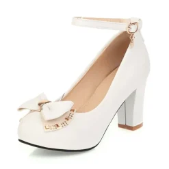 Girls' White Block Heel Dress Shoes – Round Toe Pumps with Bow & Ankle Strap for Wedding, Party & Formal Occasions