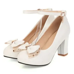 Girls' White Block Heel Dress Shoes – Round Toe Pumps with Bow & Ankle Strap for Wedding, Party & Formal Occasions