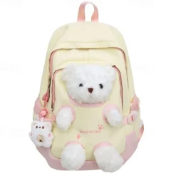 Girls' Yellow and Pink School Backpack with Plush Teddy Bear Design, Cute Lightweight Bookbag for Kindergarten and Elementary Students