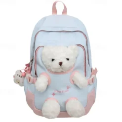 Girls' Yellow and Pink School Backpack with Plush Teddy Bear Design, Cute Lightweight Bookbag for Kindergarten and Elementary Students