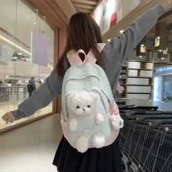 Girls' Yellow and Pink School Backpack with Plush Teddy Bear Design, Cute Lightweight Bookbag for Kindergarten and Elementary Students