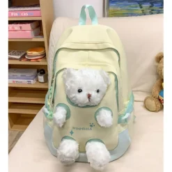 Girls' Yellow and Pink School Backpack with Plush Teddy Bear Design, Cute Lightweight Bookbag for Kindergarten and Elementary Students