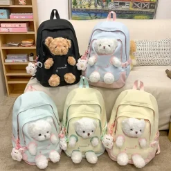 Girls' Yellow and Pink School Backpack with Plush Teddy Bear Design, Cute Lightweight Bookbag for Kindergarten and Elementary Students