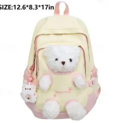 Girls' Yellow and Pink School Backpack with Plush Teddy Bear Design, Cute Lightweight Bookbag for Kindergarten and Elementary Students