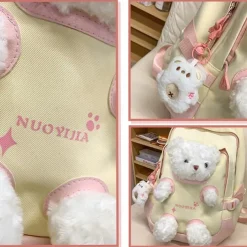 Girls' Yellow and Pink School Backpack with Plush Teddy Bear Design, Cute Lightweight Bookbag for Kindergarten and Elementary Students