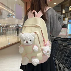 Girls' Yellow and Pink School Backpack with Plush Teddy Bear Design, Cute Lightweight Bookbag for Kindergarten and Elementary Students