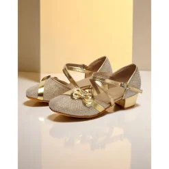 Girls's Glitter Gold Low Heel Dance Shoes with Bow and Cross Straps - Sparkly Performance Footwear for Youth Stage Shows, Ballroom Practice and Talent Competitions