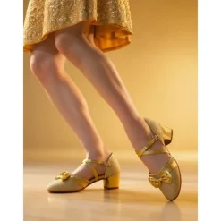 Girls's Glitter Gold Low Heel Dance Shoes with Bow and Cross Straps - Sparkly Performance Footwear for Youth Stage Shows, Ballroom Practice and Talent Competitions