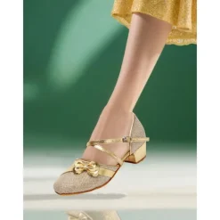 Girls's Glitter Gold Low Heel Dance Shoes with Bow and Cross Straps - Sparkly Performance Footwear for Youth Stage Shows, Ballroom Practice and Talent Competitions