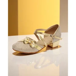 Girls's Glitter Gold Low Heel Dance Shoes with Bow and Cross Straps - Sparkly Performance Footwear for Youth Stage Shows, Ballroom Practice and Talent Competitions