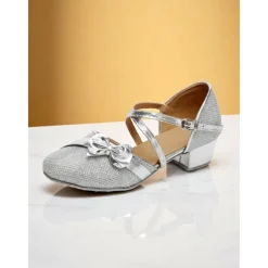 Girls's Glitter Gold Low Heel Dance Shoes with Bow and Cross Straps - Sparkly Performance Footwear for Youth Stage Shows, Ballroom Practice and Talent Competitions