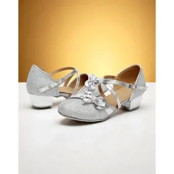 Girls's Glitter Gold Low Heel Dance Shoes with Bow and Cross Straps - Sparkly Performance Footwear for Youth Stage Shows, Ballroom Practice and Talent Competitions