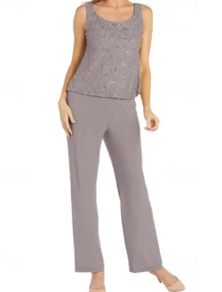Glitter Lace Jumpsuit / Pantsuit 3 Piece Mother of the Bride Pantsuit Simple Minimalist Sparkle & Shine Crew Neck Ankle Length Lace Sleeveless Half Sleeve with Pearls Beading