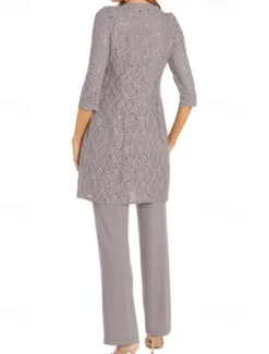 Glitter Lace Jumpsuit / Pantsuit 3 Piece Mother of the Bride Pantsuit Simple Minimalist Sparkle & Shine Crew Neck Ankle Length Lace Sleeveless Half Sleeve with Pearls Beading