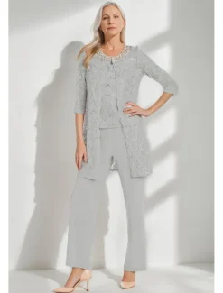 Glitter Lace Jumpsuit / Pantsuit 3 Piece Mother of the Bride Pantsuit Simple Minimalist Sparkle & Shine Crew Neck Ankle Length Lace Sleeveless Half Sleeve with Pearls Beading