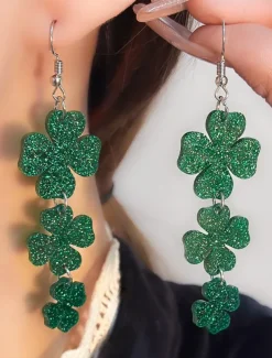 Glitter Shamrock Drop Earrings – Festive St. Patrick's Day Jewelry for Women, Lightweight Dangle Design for Celebrations and Everyday Wear