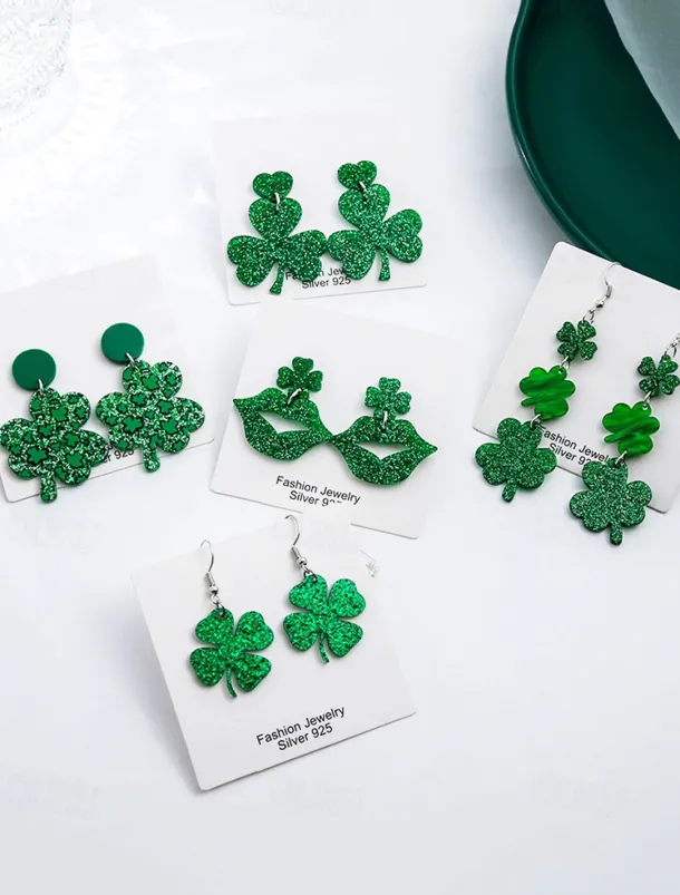 Glitter Shamrock Drop Earrings – Festive St. Patrick's Day Jewelry for Women, Lightweight Dangle Design for Celebrations and Everyday Wear